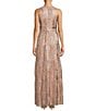 R & M Richards Petite Size Foil Mesh Print Pleated Foil Printed Sleeveless Keyhole Halter Neck Dress, Color:Rose/Gold - Image 2
