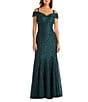 R & M Richards Petite Size Glitter Mesh Off-The-Shoulder Sheath Gown, Color:Hunter - Image 1
