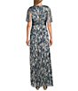 R & M Richards Petite Size Leaf Printed Metallic Foil Sheer Knit Short Flutter Sleeve Gown, Color:Spruce/Gold - Image 2