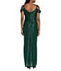 R & M Richards Petite Size Long Crinkle Pleated Dress With Cowl Neckline And Cold Shoulder, Color:Emerald - Image 2