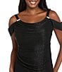 R & M Richards Petite Size Long Crinkle Pleated Dress With Cowl Neckline And Cold Shoulder, Color:Black - Image 3
