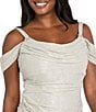 R & M Richards Petite Size Long Crinkle Pleated Dress With Cowl Neckline And Cold Shoulder, Color:Champagne - Image 3