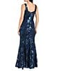 R & M Richards Petite Size Long Matte Floral Pattern Sequin Dress, Color:Navy - Image 2