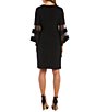 Color:Black - Image 2 - Petite Size Mesh Trim 3/4 Bell Sleeve V-Neck Jersey Faux Wrap Dress