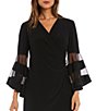 Color:Black - Image 3 - Petite Size Mesh Trim 3/4 Bell Sleeve V-Neck Jersey Faux Wrap Dress