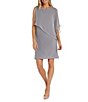 Color:Silver - Image 1 - Petite Size One Shoulder Short Sleeve Asymmetrical Overlay Embellished Trim Chiffon Dress