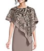 Color:Champagne - Image 3 - Petite Size Round Neck 3/4 Sleeve Embroidered Sequin Swirl Poncho Dress