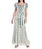 R & M Richards Petite Size Sequin Beaded Mesh Crew Neck Cap Sleeve Self Tie-Sash Sheath Dress, Color:Sage - Image 1