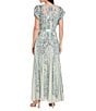 R & M Richards Petite Size Sequin Beaded Mesh Crew Neck Cap Sleeve Self Tie-Sash Sheath Dress, Color:Sage - Image 2