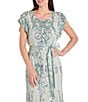 R & M Richards Petite Size Sequin Beaded Mesh Crew Neck Cap Sleeve Self Tie-Sash Sheath Dress, Color:Sage - Image 3