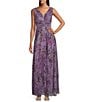 R & M Richards Petite Size Sleeveless Floral Tulle V-Neck Crinkle Pleated A-Line Gown, Color:Lavendar - Image 1