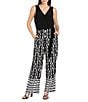 R & M Richards Petite Size Sleeveless V-Neck Printed Wrap Jumpsuit, Color:Black/White - Image 1