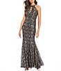 Color:Black/Taupe - Image 1 - Petite Size Stretch Glitter Lace Sleeveless Halter Neck Scallop Keyhole Mermaid Gown