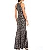 Color:Black/Taupe - Image 2 - Petite Size Stretch Glitter Lace Sleeveless Halter Neck Scallop Keyhole Mermaid Gown