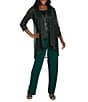 R & M Richards Pleated Crinkle Metallic Scoop Neck 3/4 Sleeve 3-Piece Pant Set, Color:Hunter - Image 1