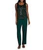 R & M Richards Pleated Crinkle Metallic Scoop Neck 3/4 Sleeve 3-Piece Pant Set, Color:Hunter - Image 3