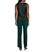 R & M Richards Pleated Crinkle Metallic Scoop Neck 3/4 Sleeve 3-Piece Pant Set, Color:Hunter - Image 4