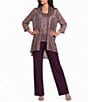 R & M Richards Pleated Crinkle Metallic Scoop Neck 3/4 Sleeve 3-Piece Pant Set - Image 1