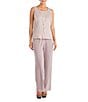 R & M Richards Pleated Crinkle Metallic Scoop Neck 3/4 Sleeve 3-Piece Pant Set, Color:Blush - Image 3