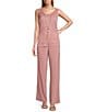 R & M Richards Pleated Crinkle Metallic Scoop Neck 3/4 Sleeve 3-Piece Pant Set - Image 6