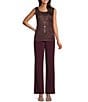 R & M Richards Pleated Crinkle Metallic Scoop Neck 3/4 Sleeve 3-Piece Pant Set, Color:Merlot - Image 3