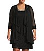 Color:Black - Image 5 - Plus Size Beaded Scoop Neck 3/4 Sleeve Lace 2-Piece Jacket Dress