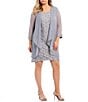 Color:Silver - Image 1 - Plus Size Beaded Scoop Neck 3/4 Sleeve Lace 2-Piece Jacket Dress