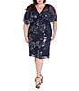 R & M Richards Plus Floral Sequin Power Mesh Beaded Sheer Capelet Sleeves Dress, Color:Navy - Image 1