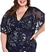 R & M Richards Plus Floral Sequin Power Mesh Beaded Sheer Capelet Sleeves Dress, Color:Navy - Image 3