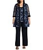 R & M Richards Plus Size 3/4 Sleeve Crew Neck Embroidered 3-Piece Pant Set, Color:Navy/periwinkle - Image 1