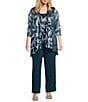 R & M Richards Plus Size 3/4 Sleeve Scoop Neck 3-Piece Foil Festival Crinkle Pant Set, Color:Peacock/Aqua - Image 1