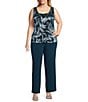 R & M Richards Plus Size 3/4 Sleeve Scoop Neck 3-Piece Foil Festival Crinkle Pant Set, Color:Peacock/Aqua - Image 3