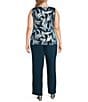 R & M Richards Plus Size 3/4 Sleeve Scoop Neck 3-Piece Foil Festival Crinkle Pant Set, Color:Peacock/Aqua - Image 4