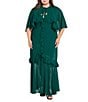 R & M Richards Plus Size Crepe Chiffon 2-Piece Short Sleeve Capelet Ruffle Gown, Color:Emerald - Image 1