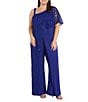 R & M Richards Plus Size Embroidered Sequin Lace Capelet Jumpsuit - Image 1