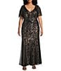 R & M Richards Plus Size Embroidered Sequin Power Mesh Empire Waist Short Flutter Sleeve Gown, Color:Black/Nude - Image 1