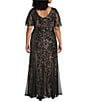 R & M Richards Plus Size Embroidered Sequin Power Mesh Empire Waist Short Flutter Sleeve Gown, Color:Black/Nude - Image 2