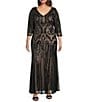 R & M Richards Plus Size Embroidered Sequin Power Mesh V-Neck 3/4 Sleeve Godet Skirt Gown, Color:Black/Nude - Image 1