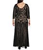 R & M Richards Plus Size Embroidered Sequin Power Mesh V-Neck 3/4 Sleeve Godet Skirt Gown, Color:Black/Nude - Image 2
