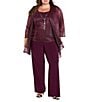 R & M Richards Plus Size Festival Hologram Sequin 3-Piece Duster Pant Set, Color:Merlot - Image 1