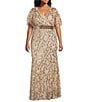 R & M Richards Plus Size Godet Skirt V-Neck Short Flutter Sleeve Sequin Power Mesh Dress, Color:Gold - Image 1