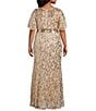 R & M Richards Plus Size Godet Skirt V-Neck Short Flutter Sleeve Sequin Power Mesh Dress, Color:Gold - Image 2
