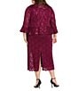 R & M Richards Plus Size Lace Sequin Power Mesh Scallop Trim 3/4 Sleeve Jacket Midi Dress, Color:Merlot - Image 2