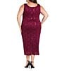 R & M Richards Plus Size Lace Sequin Power Mesh Scallop Trim 3/4 Sleeve Jacket Midi Dress, Color:Merlot - Image 4