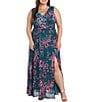 Color:Teal - Image 1 - Plus Size Lurex Mesh Sleeveless V-Neck Floral Side Slit Tulle A-Line Dress