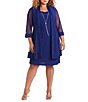 Color:Royal - Image 1 - Plus Size Mesh 3/4 Sleeve Textured Trim Jersey Knit Scoop Neck Shift 2-Piece Jacket Dress