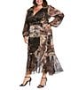 R & M Richards Plus Size Metallic Stripe Wet Chiffon V-Neck Long Sleeve Ruffle Cascade Front Faux Wrap Dress, Color:Brown - Image 1
