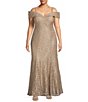 Color:Champagne - Image 1 - Plus Size Off-the-Shoulder Cap Sleeve Stretch Lace Mermaid Gown