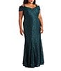 R & M Richards Plus Size Off-the-Shoulder Cap Sleeve Stretch Lace Mermaid Gown, Color:Hunter - Image 1