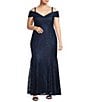 Color:Navy - Image 1 - Plus Size Off-the-Shoulder Cap Sleeve Stretch Lace Mermaid Gown